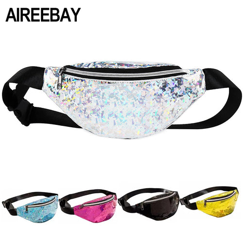 AIREEBAY Women Fashion Waist Bag Hologram Fanny Pack Waterproof Waist Packs Laser Silver Unisex holographic Chest Bags for Girls