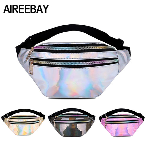 AIREEBAY Holographic Fanny Pack Women Silver Laser Bum Bag Travel  Shiny Waist Bags Fashion Girls Pink Leather Hologram Hip Bag