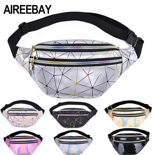 AIREEBAY Holographic Waist Bags Women Pink Silver Fanny Pack Female Belt Bag Black Geometric Waist Packs Laser Chest Phone Pouch